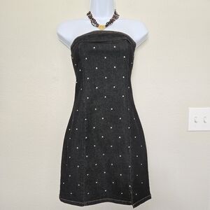 Strapless Bodycon Denim Mini Dress Rhinestones Size Small Party Date Night